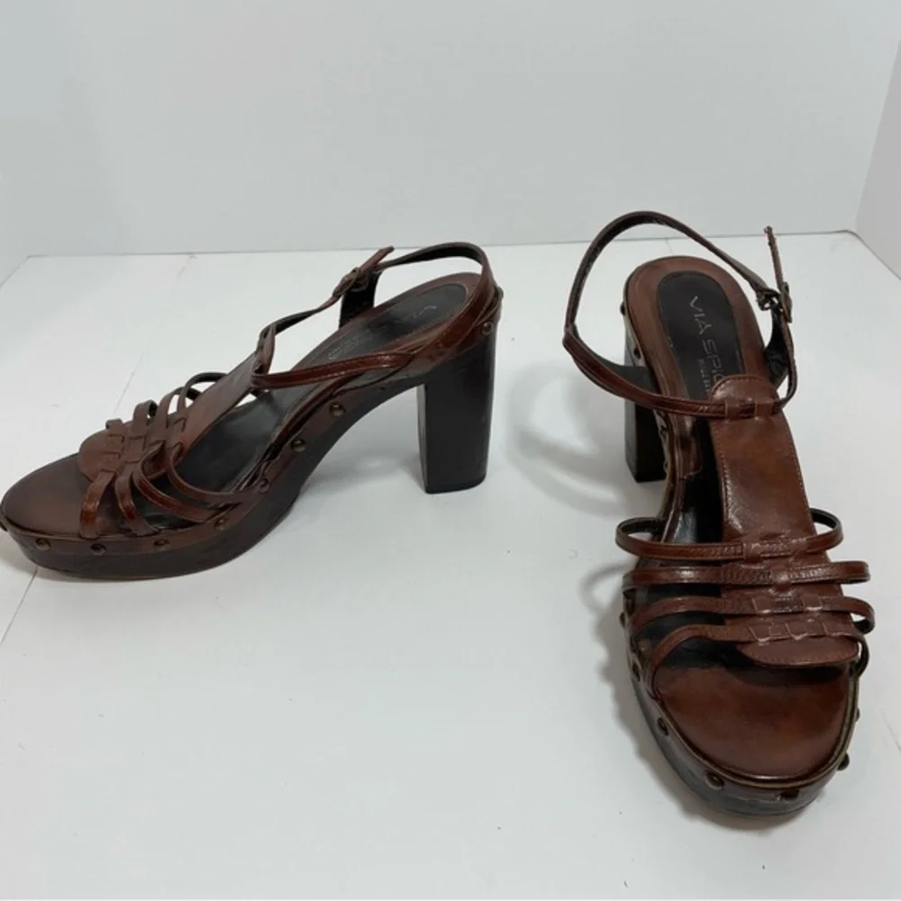 Vintage Via Spiga Platform Chunky Sandals Size 7.5 Brown Leather Studs Boho Y2k